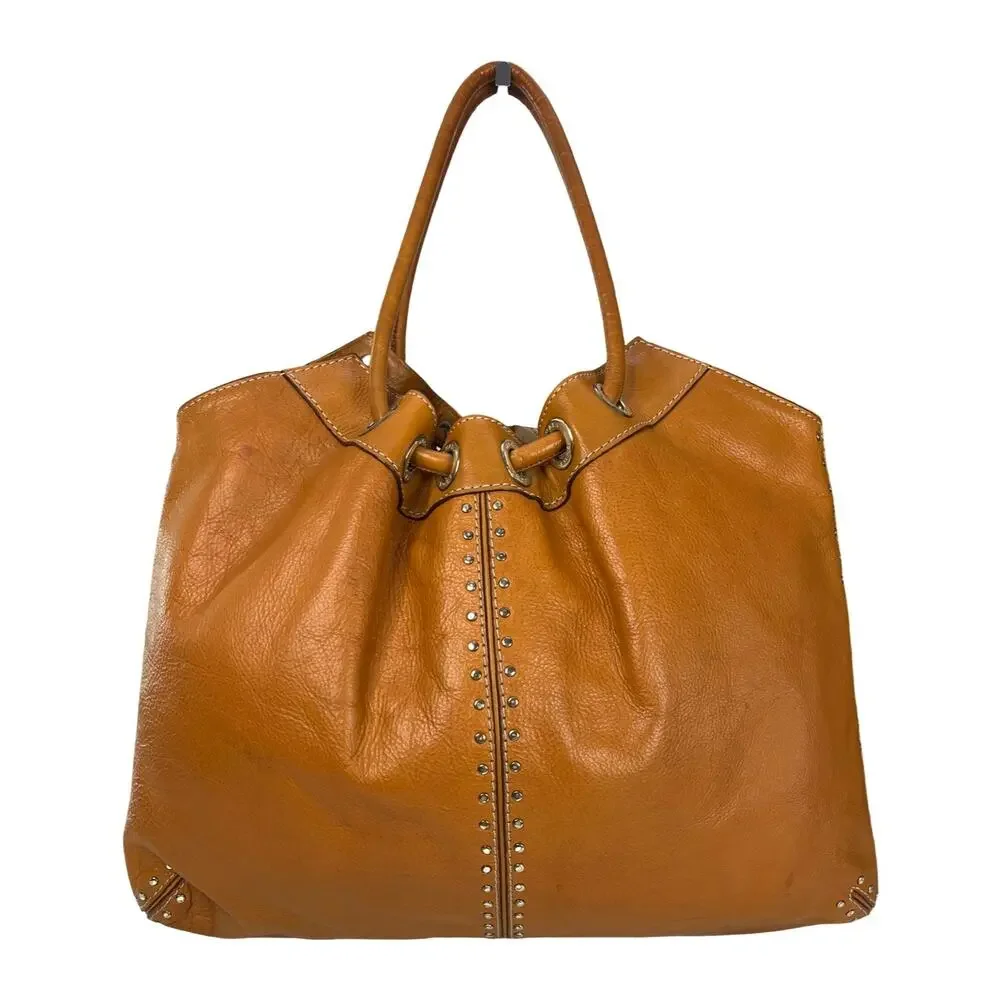Michael Kors Astor Large Tan Brown Leather Drawstring Tote Bag Stud Detail